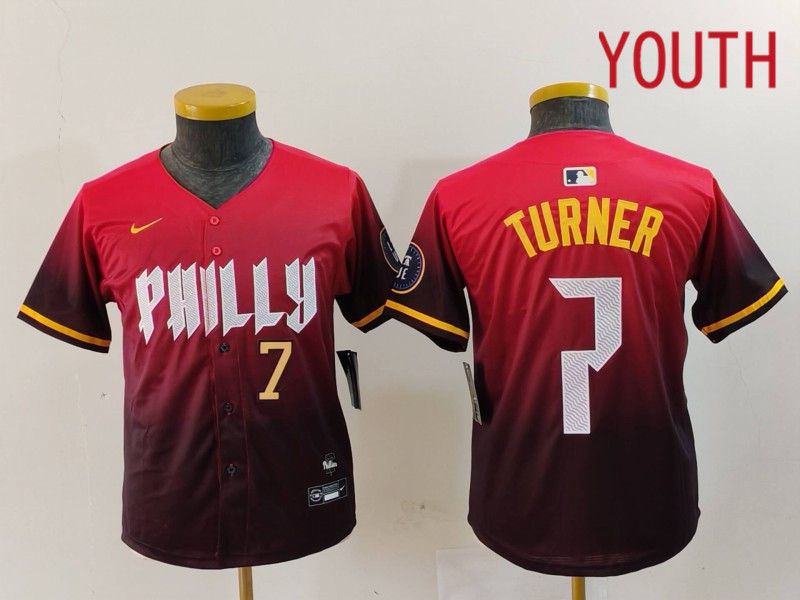 Youth Philadelphia Phillies #7 Turner Red City Edition 2024 Nike MLB Jersey style 2